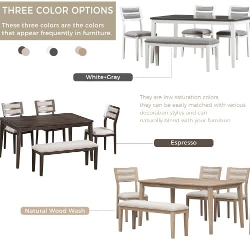SogesHome Classic 6-Piece Dining Table Set, Rectangular Wooden Kitchen Table with Upholstered Chairs & Bench for Dining Room, Traditional Retro Farmhouse Dining Table for Kitchen, White+Grey