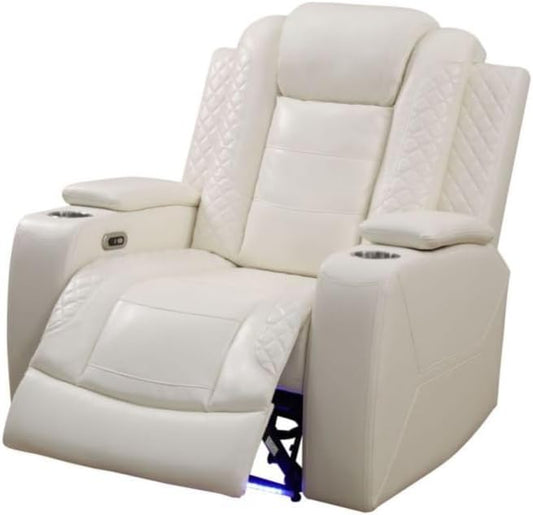 Electric Power Recliner Chair Living Room Furniture, Comfy Wide Lazy Home Theater Breathing Leather Seating with USB 2.0 Charging Ports, LED Light Strips (White-2)