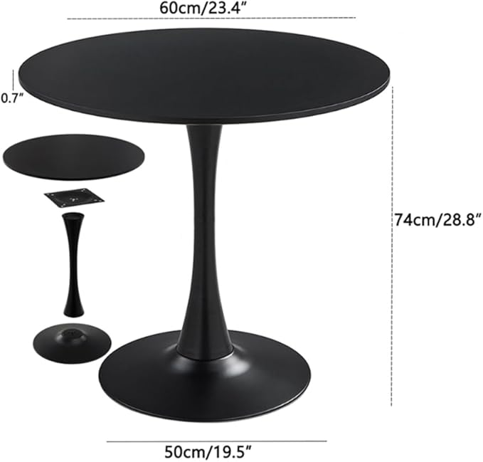 23.4" Tulip Dining Table, Black, Perfect for 2-4 People, Mid-Century Modern Style, Round MDF Top with Sturdy Base for Dining Room, Living Room, Cafe