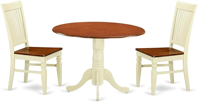 East West Furniture DLWE3-BMK-W 3 Piece Dining Set Contains a Round Dining Room Table with Dropleaf and 2 Wood Seat Chairs, 42x42 Inch, Buttermilk & Cherry