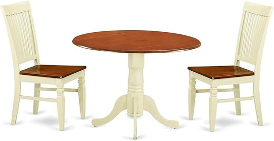 East West Furniture DLWE3-BMK-W 3 Piece Dining Set Contains a Round Dining Room Table with Dropleaf and 2 Wood Seat Chairs, 42x42 Inch, Buttermilk & Cherry