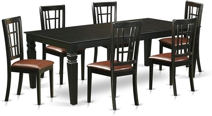 East West Furniture LGNI7-BLK-LC 7 Piece Dining Table Set Consist of a Rectangle Wooden Table with Butterfly Leaf and 6 Faux Leather Dining Room Chairs, 42x84 Inch, Black