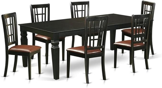 East West Furniture LGNI7-BLK-LC 7 Piece Dining Table Set Consist of a Rectangle Wooden Table with Butterfly Leaf and 6 Faux Leather Dining Room Chairs, 42x84 Inch, Black