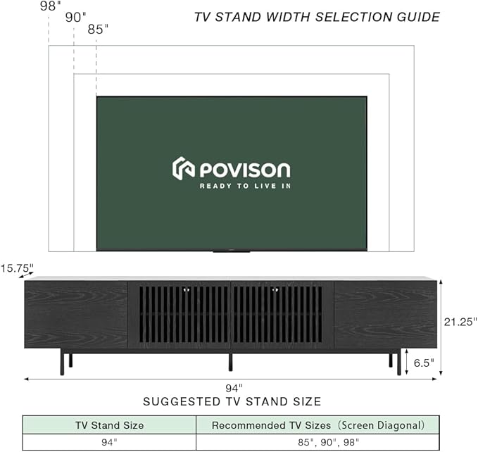 POVISON Mid Century Modern Sintered Stone TV Stand, Slatted Media Console TV Cabinet with Tall-cast Metal Legs, Fluted Entertainment Center with Storage, Fully-Assembled (Black, 94.49")
