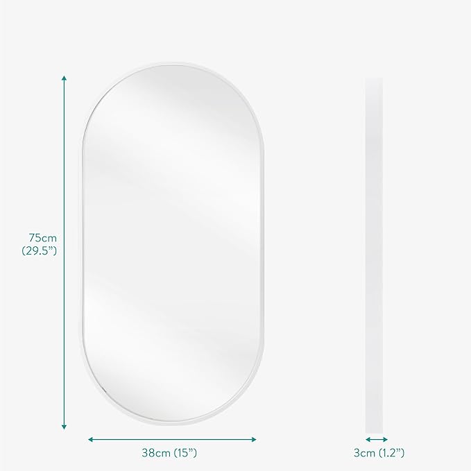 Navaris Oval Wall Mirror - 75 x 38 x 3 cm - Wall Mounted Hanging Mirror with White Rustproof Aluminium Frame - Round Mirror for Bathroom Bedroom Hallway