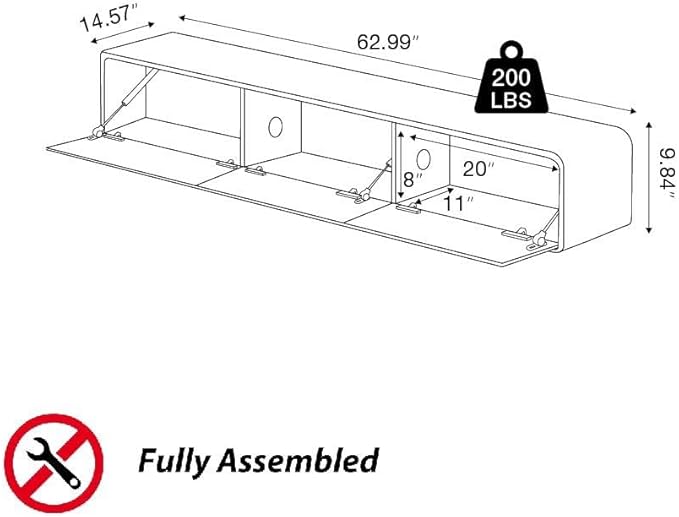 POVISON Fully Assembled Floating TV Stand with LED Lights, 63" Modern Wall-Mounted Media Console with 3 Flip-Down Cabinet Doors, Solid Wood Floating Entertainment Center for 55 Inch TV
