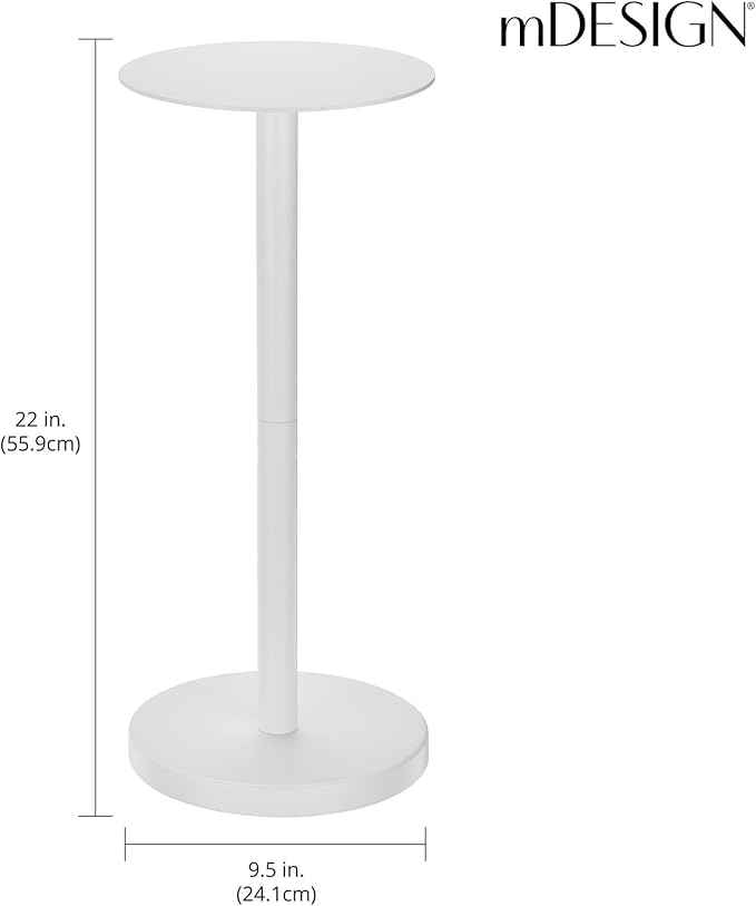 mDesign Glass Top Side/End Drink Table - Tall Modern Round Accent Metal Nightstand Furniture for Living Room, Dorm, Home Office, and Bedroom - 9" Round - Matte White