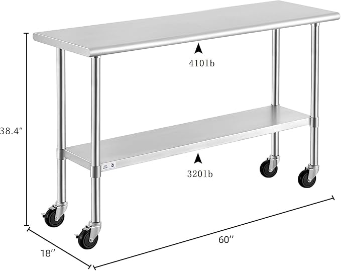 ROCKPOINT Stainless Steel Table for Prep & Work with Caster Wheels 18x60 Inches, NSF Metal Commercial Kitchen Heavy Duty Table with Adjustable Under Shelf and Table Foot for Restaurant, Home and Hotel