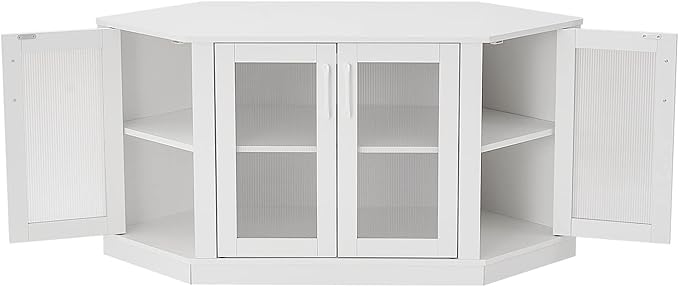 Panana Corner TV Stand - 47 Inch Media Console with 4 Doors and Shelves, Living Room Storage for TVs up to 51 Inch (White)