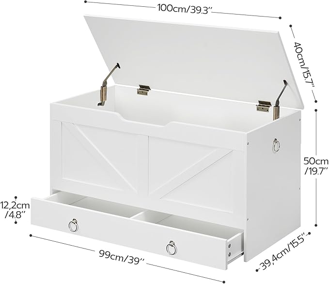 HOOBRO Storage Chest, 39.3" Toy Chest with Drawer, Wooden Storage Bench, Sturdy Entryway Bench Supports 220 lb, Shoe Bench, Safety Hinge, U-Shaped Opening, Easy Assembly, White WT710CW01G1