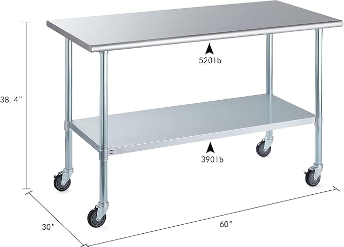 ROCKPOINT Stainless Steel Table for Prep & Work with Caster Wheels 30x60 Inches, NSF Metal Commercial Kitchen Heavy Duty Table with Adjustable Under Shelf and Table Foot for Restaurant, Home and Hotel