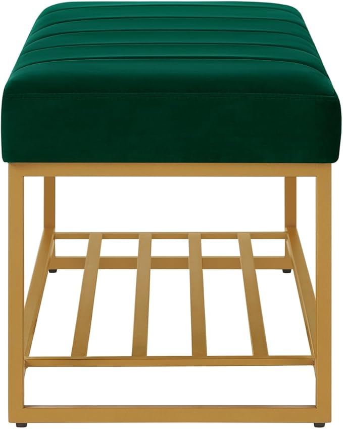 24KF Jade Velvet Upholstered End of Bed Bench with Metal Shelf, Modern Tufted Channel Entryway Bench Footboard Bench for Living Room, Bedroom, Gold Bench,5036-Jade