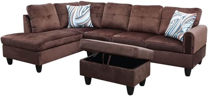 Chocolate L-Shaped 3-Piece Flannel Sofa with Storage Ottoman Set, Sectional Couch Sofa Set for Living Room, Office, Small Space