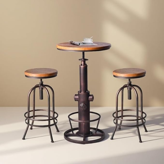 Industrial Bar Table Swivel Round Wooden Top Height Adjustable 38.6-44.4inch Vintage Kitchen Dining Chair Coffee Table Hydrant Design Bistro Table
