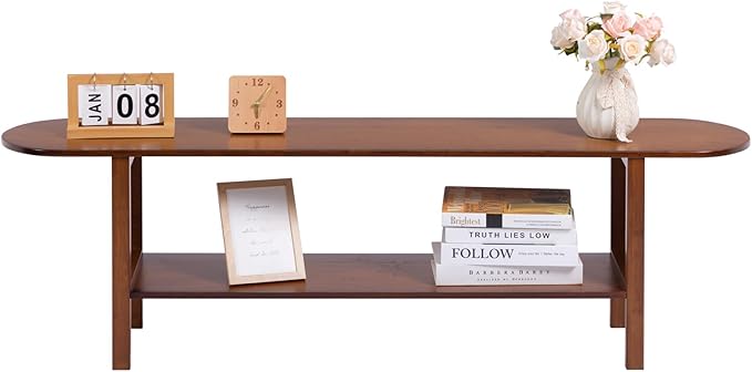 HollyHOME Bamboo TV Stand with Storage for TVs up to 65", Modern Entertainment Center with Rattan Side, Accent TV Table with 2 Shelf, Media Console TV Stand for Living Room, Bedroom, Walnut