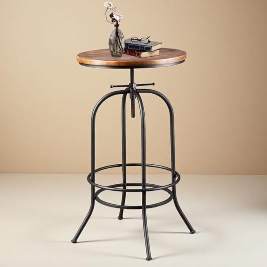 Industrial Bar Table Height Adjustable 37.4-45.3inch Vintage Swivel Pub Tables Solid Wood Top Metal Base with Footrest