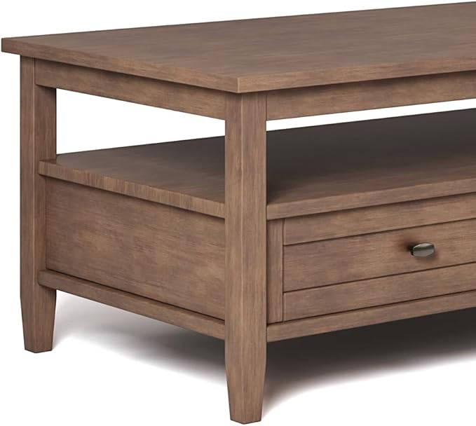 SIMPLIHOME Warm Shaker Coffee Table - 48 inch Wide Solid Wood Cocktail Table in Rustic Natural Aged Brown, Transitional Living Room Table with 2 Storage Drawers and Open Shelf for Sitting Area