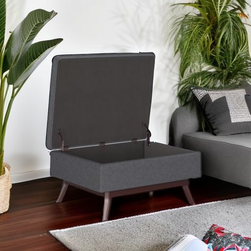 SIMPLIHOME Owen 34 inch Wide Mid Century Modern Rectangle Coffee Table Storage Ottoman in Slate Grey Linen Look Fabric, Assembled, For the Living Room, Entryway and Family Room