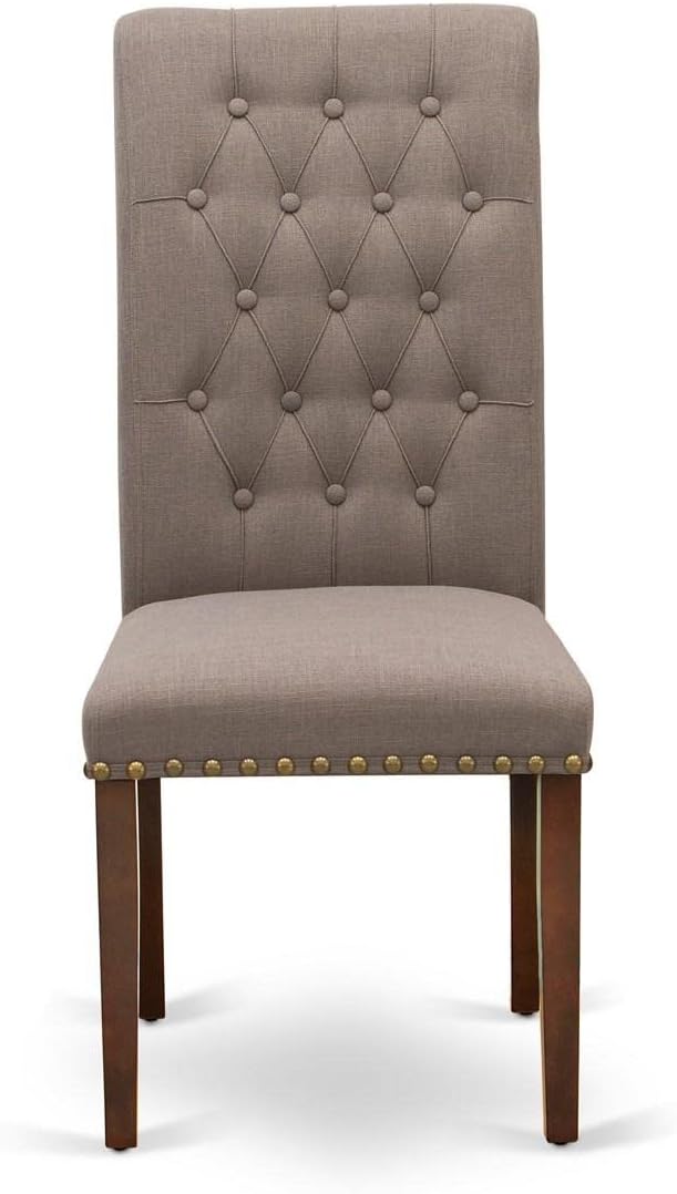 East West Furniture BRP3T18 Bremond Parson Kitchen Chairs - Button Tufted Nailhead Trim Brown Linen Linen Fabric Padded Dining Chairs, Set of 2, Mahogany