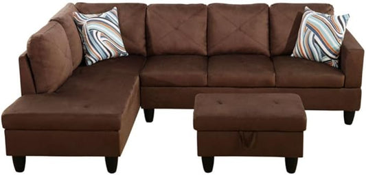 Brown L-Shaped 3-Piece Microfiber Sofa with Storage Ottoman Set, Sectional Couch Sofa Set for Living Room, Office, Small Space