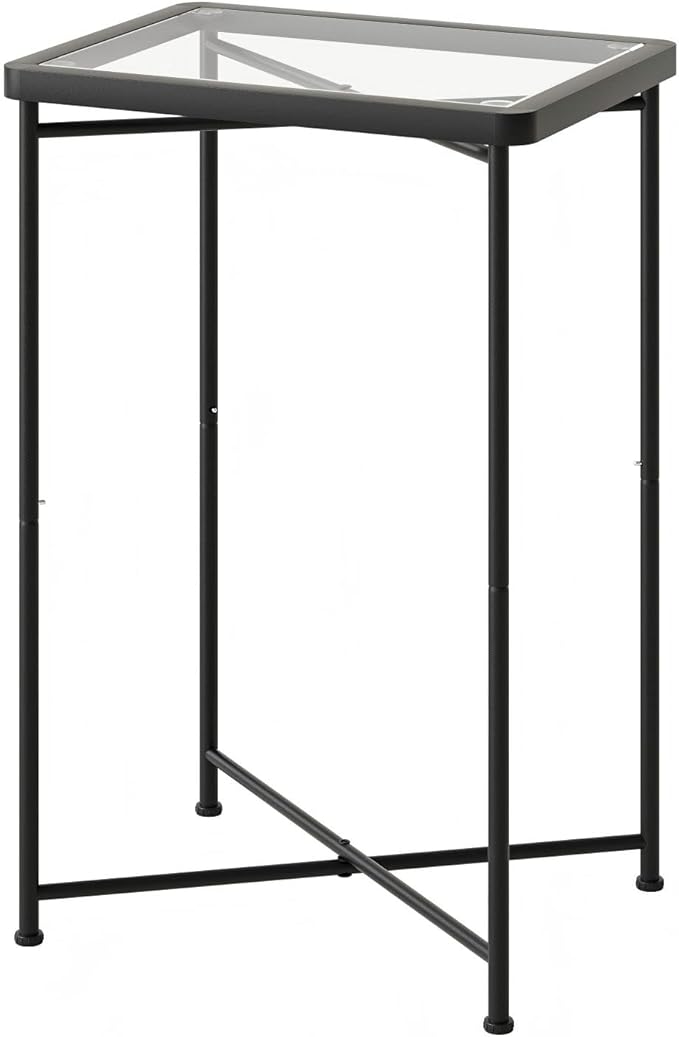 Garden 4 you Small Side Table, Glass End Table, Outdoor Side Table with Metal Frame, Mini Bedside Table for Living Room, Bedroom, Patio, Small Space, Black