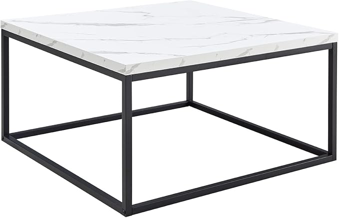 CENSI 30"x30" Marble Accent Coffee Table Ottoman for Living Room, Modern Industrial Style, 1.2" Extra Thick Tabletop (White Marble)