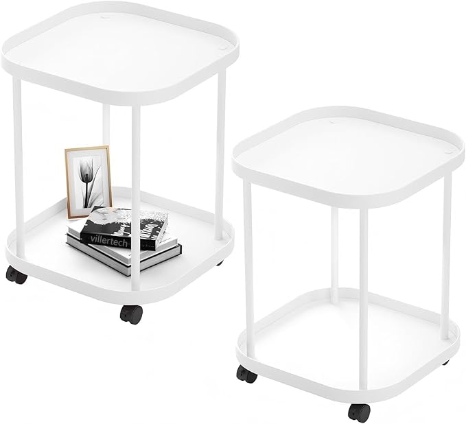 Side Table with Wheels, End Table Living Room Plastic Mobile Sofa Side Table Small Night Stand Bedroom White (2 Pack)