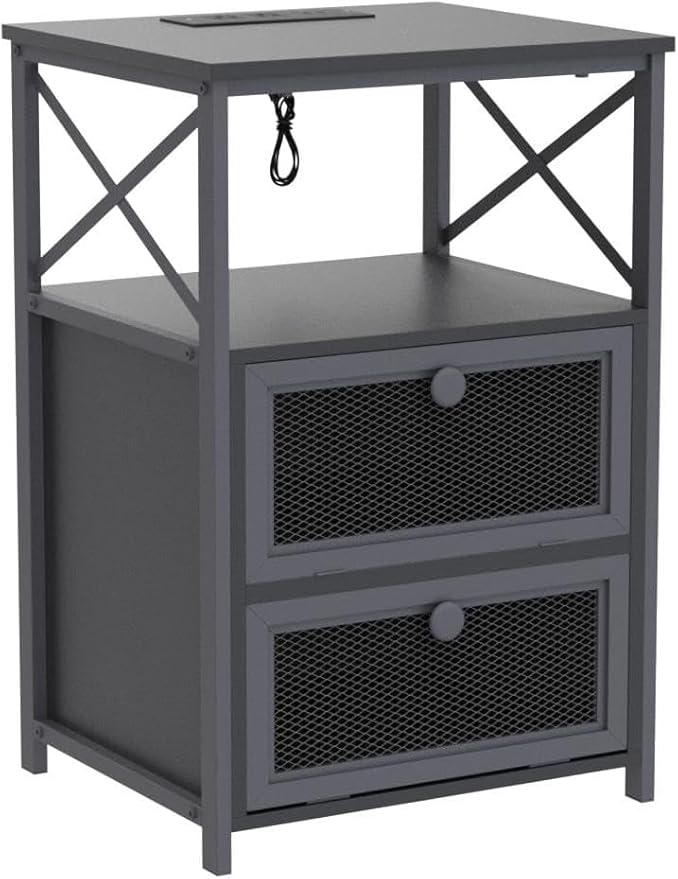 VECELO Black End Table with USB Ports and Outlets,24 Inch Nightstands with Charging Station and Storage Shelf for Bedroom,Living Room, 1 Set