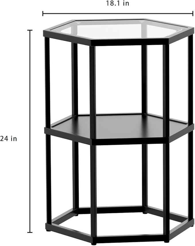 Side Table with 2-Tier Storage Shelf, Modern End Tables for Living Room Office Small Spaces, Glass Black End Table with Metal Frames, Nightstand for Bedroom, Bedside Furniture