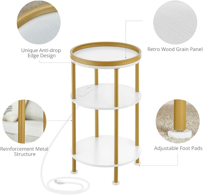 Small Round End Table with Charging Station, 3-Tier Accent Couch Beside Table with USB Ports & Power Outlets, Sofa Side Table for Living Room Small Nightstand Bedroom (USB Charger, White+Gold)