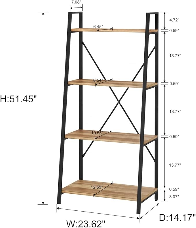 BON AUGURE Farmhouse Ladder Shelf Bookcase, 4 Tier Rustic Ladder Bookshelf, Standing Leaning Book Shelves for Living Room (Vintage Oak)
