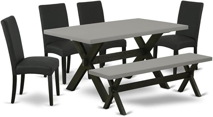 East West Furniture X696DR124-6 6 Piece Dining Set Contains a Rectangle Dining Room Table with X-Legs and 4 Black Color Linen Fabric Parson Chairs with a Bench, 36x60 Inch, Multi-Color