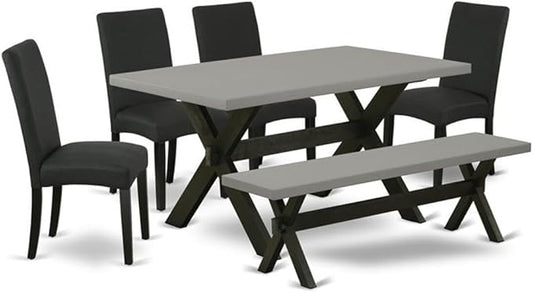 East West Furniture X696DR124-6 6 Piece Dining Set Contains a Rectangle Dining Room Table with X-Legs and 4 Black Color Linen Fabric Parson Chairs with a Bench, 36x60 Inch, Multi-Color