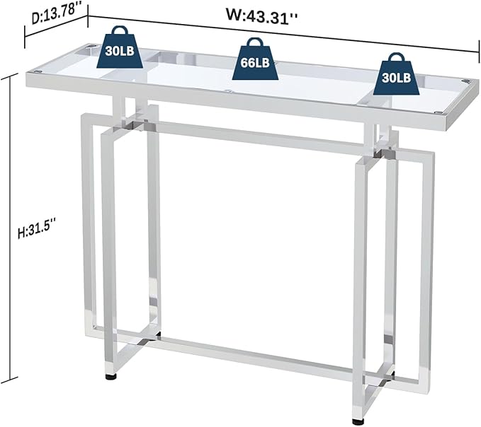 ASYA Glass Console Table for Entryway, Modern Entryway Table with Tempered Glass & Chrome Frame, Silver Sofa Table for Living Room Hallway