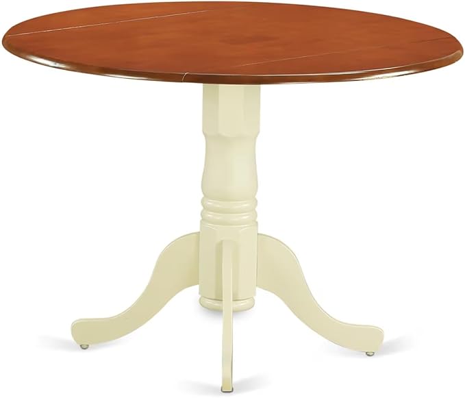 East West Furniture DLAN5-BMK-W 5 Piece Kitchen Table & Chairs Set Includes a Round Dining Room Table with Dropleaf and 4 Solid Wood Seat Chairs, 42x42 Inch, Buttermilk & Cherry