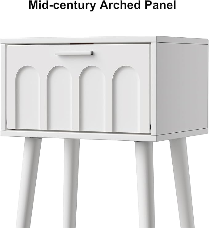 LAATOOREE Nightstand Set of 2, Small Bed Side Table with Arch Door, Mid-Century End Table with Wood Legs for Bedroom, Small Space (White)