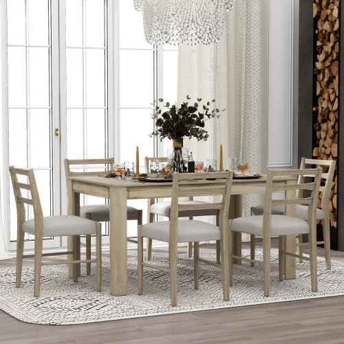 SogesHome 7-Piece Dining Table Set for 6-8 People, Extendable Solid Rubber Wood Kitchen Table with Leaf & 2 Storage Drawers, Chairs with Soft Cushion, Perfect for Kitchen, Dining Room (Natural)
