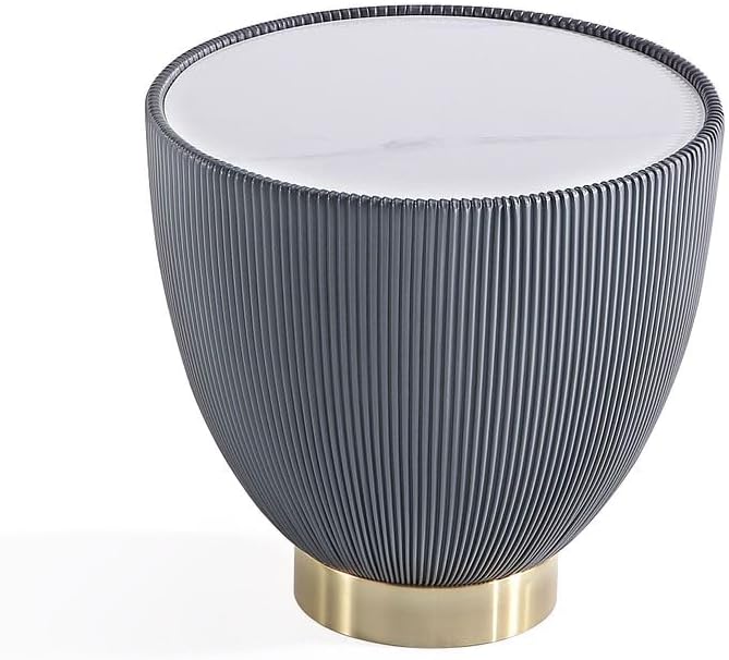 Manhattan Comfort Anderson Modern 18" Round End Table 2.0 | Ceramic Marble Tabletop, Elegant Pleated Leatherette Design & Gold Stainless Steel Base, Fully Assembled Accent Furniture, Set of 1, Grey