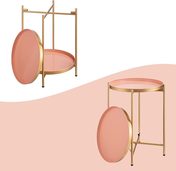 HollyHOME 2-Tier Round Gold Side Table, Outdoor Small Folding Accent Stand with Removable Tray, Anti-Rust Metal Asional Table for Balcony Patio Living Room, Nightstand for Bedroom(Gold&Pink)