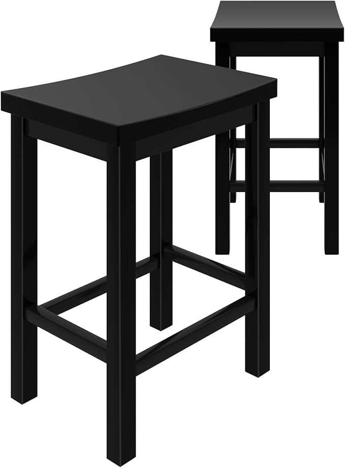 Grain & Grove Smith Collection Set of 2 Solid Wood Counter Height Bar Stools, 24-Inch Saddle Seat Backless Stools, Ideal for Kitchen Island, Dining, or Home Bar Seating, Black