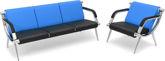 wonline 4 Seat Waiting Room Chair with Armrest PU Leather Office Furniture, Office Guest Seating Lobby Conference Reception Chairs for Airport Clinic Hospital Bank Salon Barber(Blue&Black)
