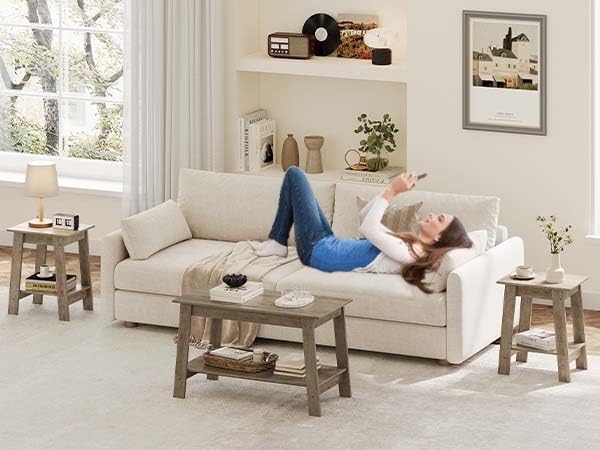 End Table, Set of 2, Side Table with 2-Tier Storage Shelf, Sofa Table for Small Space, Square Nightstand for Entryway, Farmhouse, Living Room, Easy Assembly, Grey