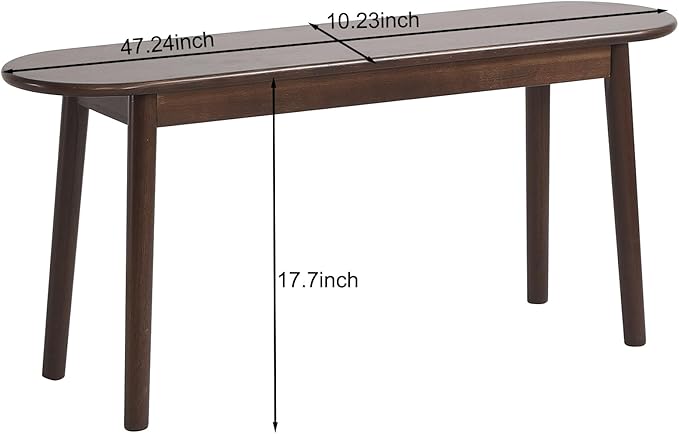 Walnut Solid Wood Bench, 47.3" L – Narrow Mid-Century Wooden Bench for Entryway, Kitchen, Dining, Bedroom & Shoe Storage