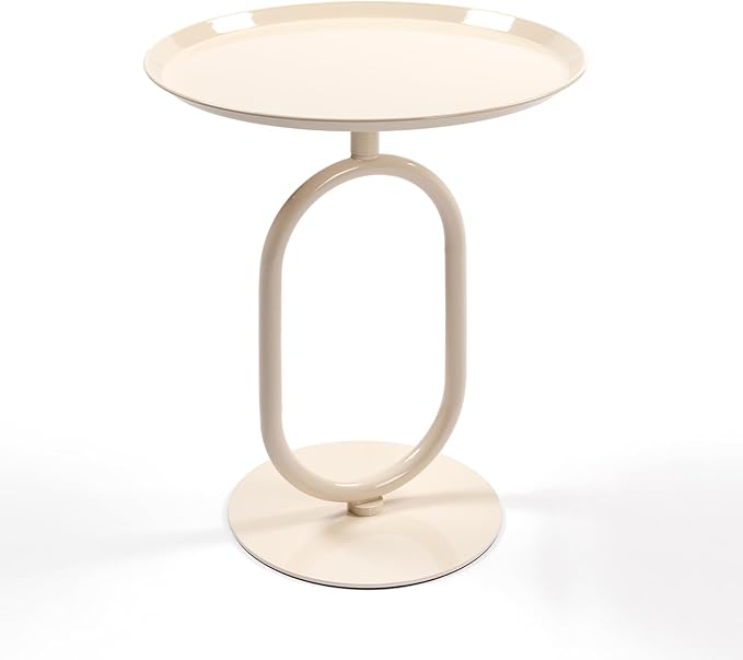 Lantern-Shaped Metal End Table, Small Round Side Accent Pedestal Modern Coffee Drink Cocktail Table for Living Room Corners Small Spaces(21.3'' Height,Cream White)