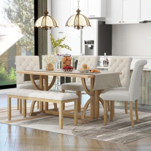 SogesHome 6-Piece Dining Table Set with Upholstered Chairs and Bench, Modern Retro Rectangular Kitchen Table, Rustic Farmhouse Style Decor Dining Table for Dining Room, Breakfast (Natural Wood Wash)