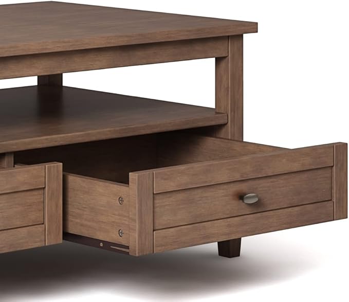 SIMPLIHOME Warm Shaker Coffee Table - 48 inch Wide Solid Wood Cocktail Table in Rustic Natural Aged Brown, Transitional Living Room Table with 2 Storage Drawers and Open Shelf for Sitting Area