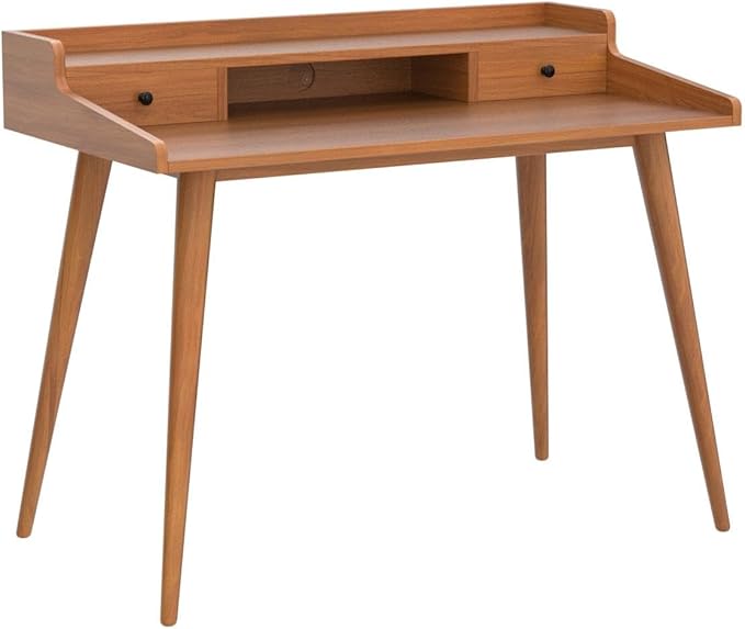 Mid Century Modern Desk, 41" Wood Home Office Writing Computer or Laptop Desk with Monitor Stand Riser and Open Storage Cubby, Vanity Desk with 2 Drawers