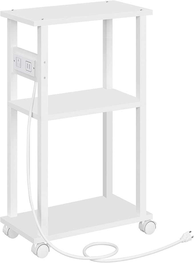 TUTOTAK Small Narrow Side Table with Charging Station, Skinny End Table for Small Spaces, Slim Nightstand with USB Ports and Outlet, Sofa Beside Table with Wheels, White TB01BW046