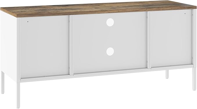 Manhattan Comfort Landen 47" Modern Metal TV Stand with Storage Cabinets & Open Shelves, Holds Up to 40" Screen, TV Console with Natural Wood Top, Cable Management, Adjustable Legs, White
