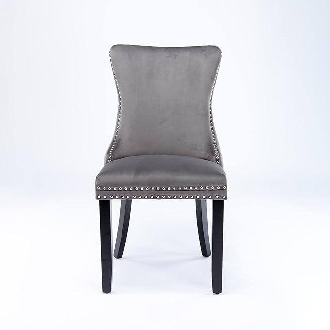 PacknWood Acosure Set of 2 Velvet Upholstered Wing-Back Dining Chair with Backstitching Nailhead Trim,Exquisite Furniture Stool W/Wood Legs,for Kitchen,Sitting Room,Gray